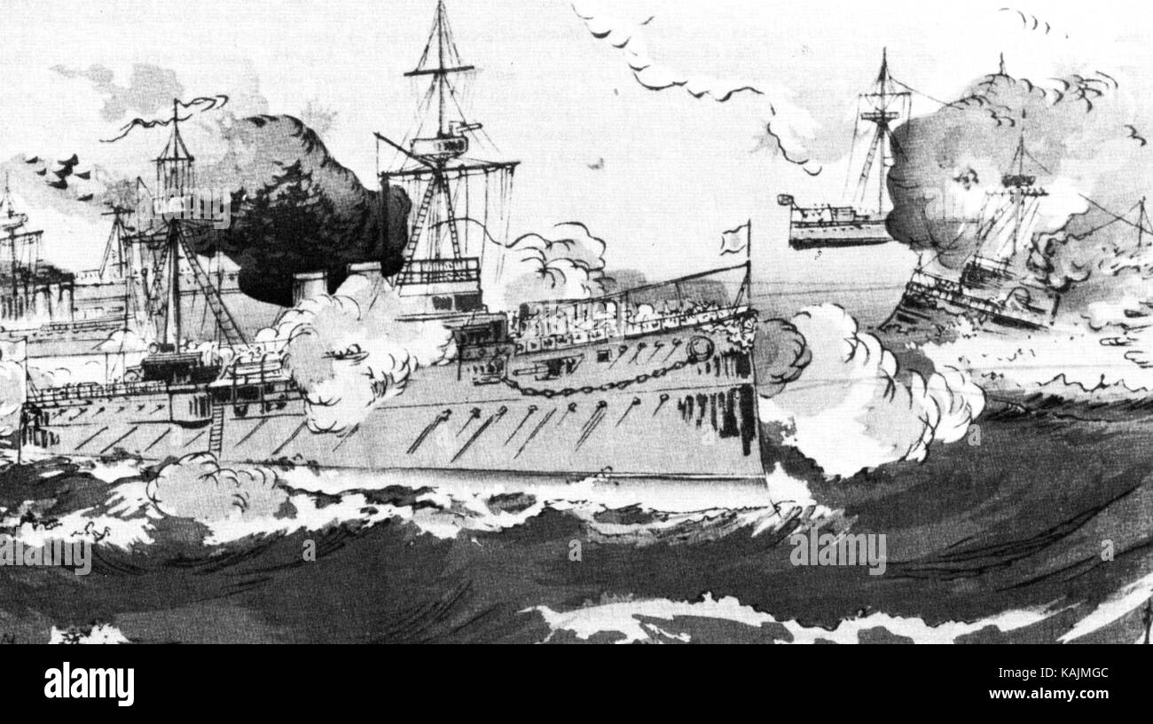 BATAILLE DE CHEMULPO BAY 9 FÉVRIER 1904. Les croiseurs russes Variag (à gauche) et Korietz au feu Banque D'Images