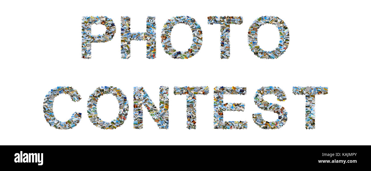 Collage photo - concours photo lettres faites de mélange de photos de voyage isolé sur fond blanc Banque D'Images