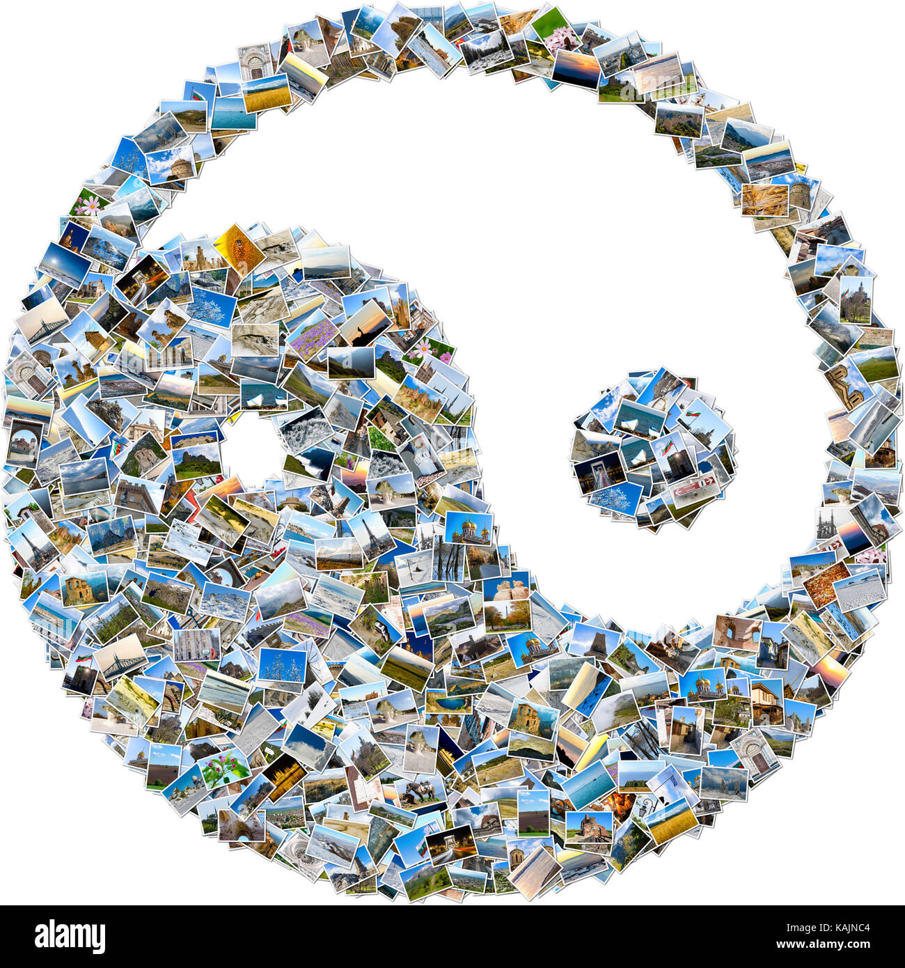 En mosaïque et yan fait de symboles, images de voyage un collage photo isolé sur fond blanc Banque D'Images