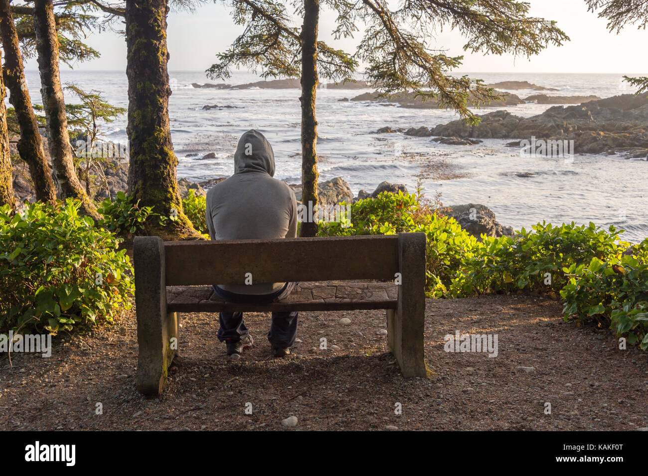 Homme assis sur banc avec vue sur la mer sur l'île de Vancouver au coucher du soleil Banque D'Images