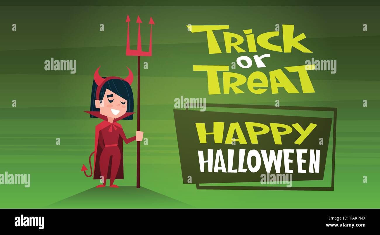 Maison de vacances bannière happy Halloween horreur décoration partie carte de souhaits Cute cartoon diable trick or treat Illustration de Vecteur