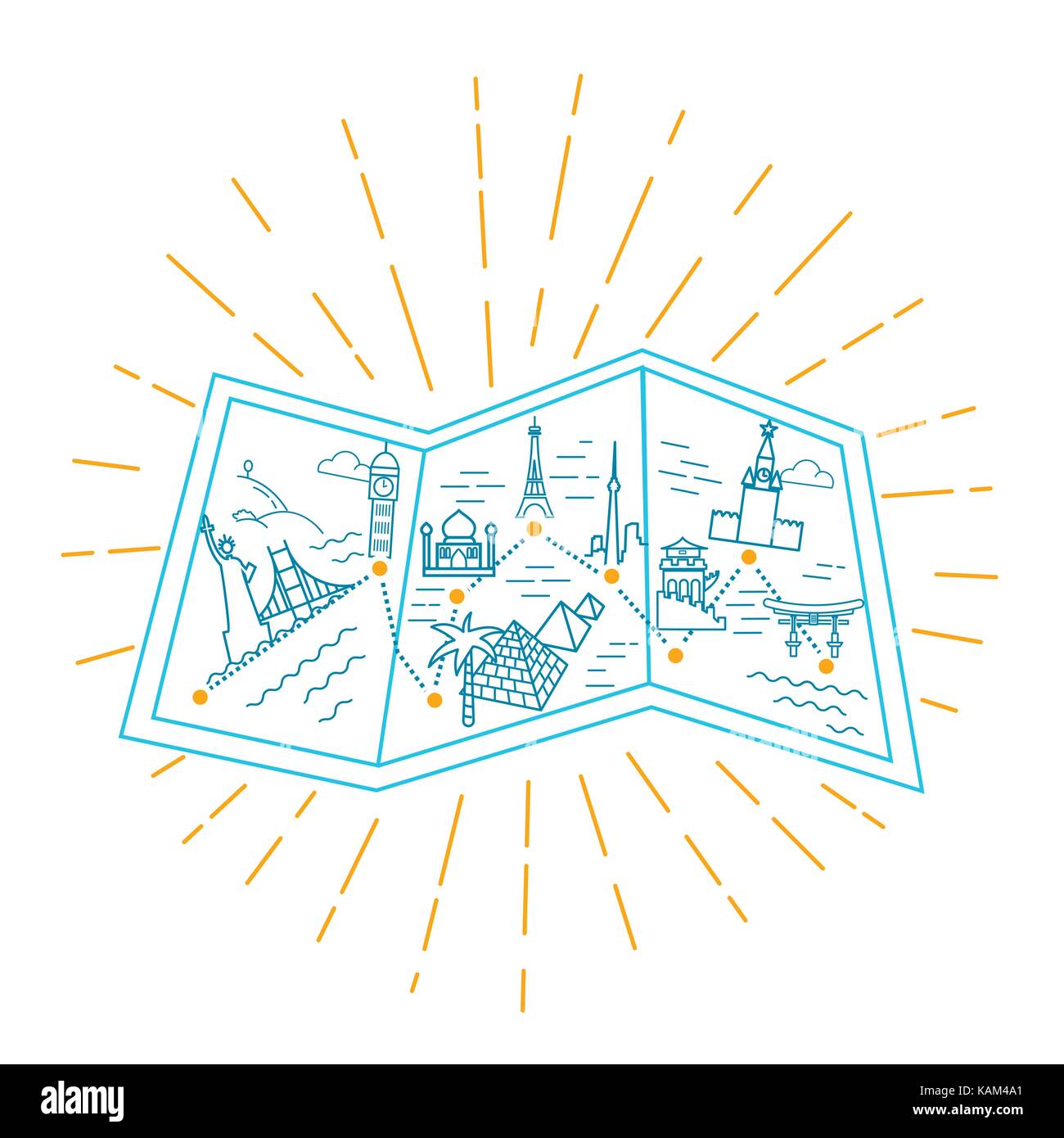 Voyages à travers le monde, l'icône sous la forme d'une carte et d'un monument historique de différents pays. icône dans le style linéaire Illustration de Vecteur