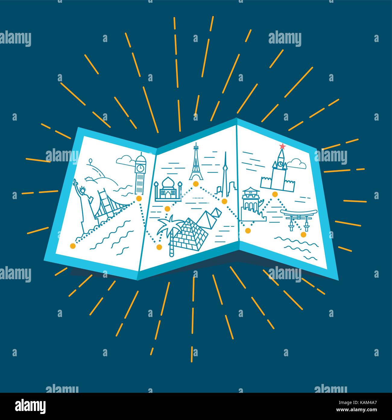 Voyages à travers le monde, l'icône sous la forme d'une carte et d'un monument historique de différents pays. icône dans le style linéaire Illustration de Vecteur