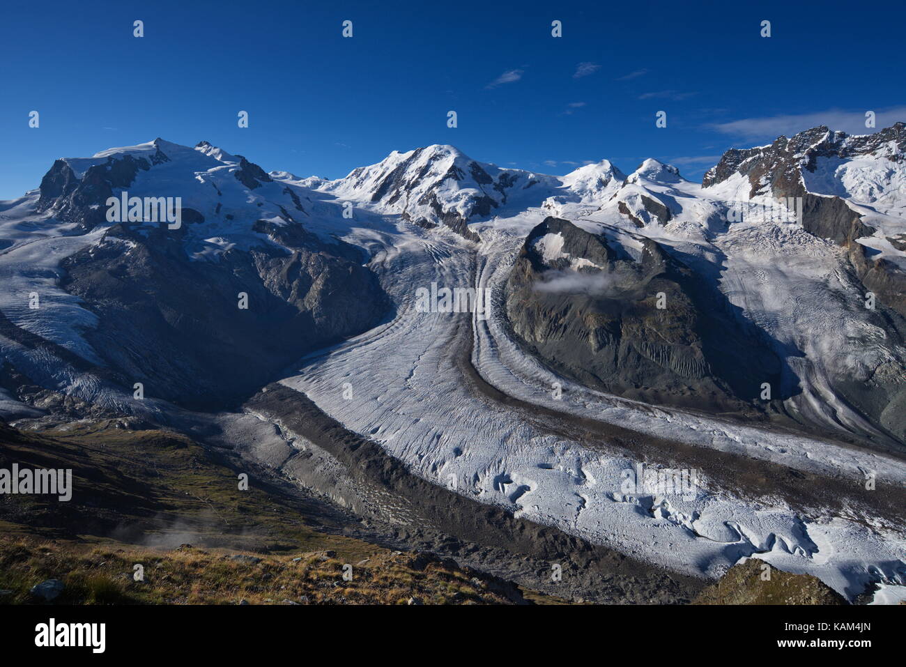 Monte Rosa, Liskamm, Castor et Pollux, roccia nera et breithorn, au-dessus du glacier du Gorner Banque D'Images