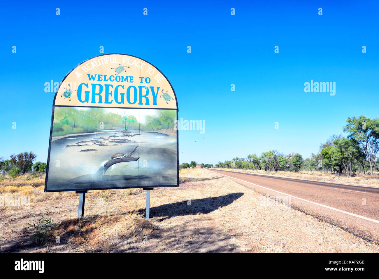 Bienvenue à Gregory road sign, une petite ville rurale dans l'Outback, Queensland, Queensland, Australie Banque D'Images