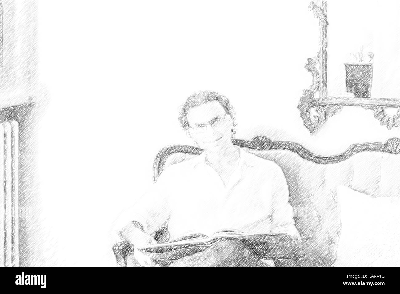 40 fascinant homme habillé dans un cadre raffiné mais sportif, c'est portant des lunettes et regarder une table de café livre photo sur les canapés rembourrés dans un b Banque D'Images