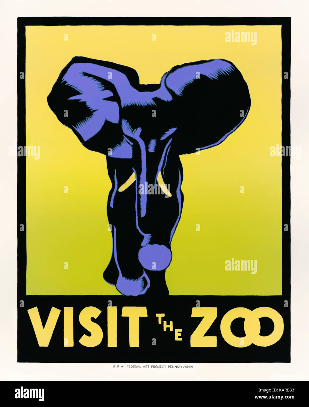 "Visitez le Zoo' 1936 affiche présentant une estampe d'un éléphant conçu par Hugh Stevenson (1910-1956) pour le Zoo de Philadelphie. Produit sous le gouvernement fédéral Numéro Un projet parrainé par la Works Progress Administration (WPA), créé en 1935 dans le cadre du New Deal du président Franklin D. Roosevelt pour lutter contre la grande dépression. Banque D'Images