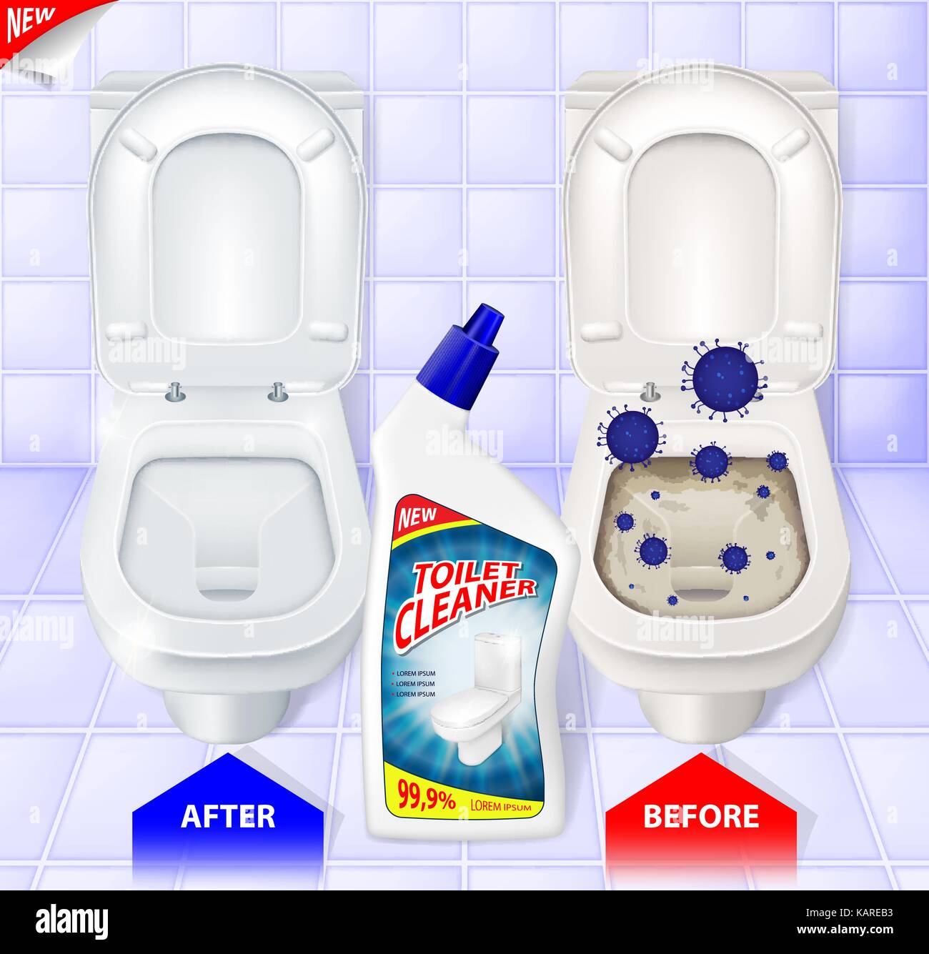 Gel nettoyant wc annonces, vue de dessus des toilettes, effet de cleaner avant et après, 3d illustration Illustration de Vecteur