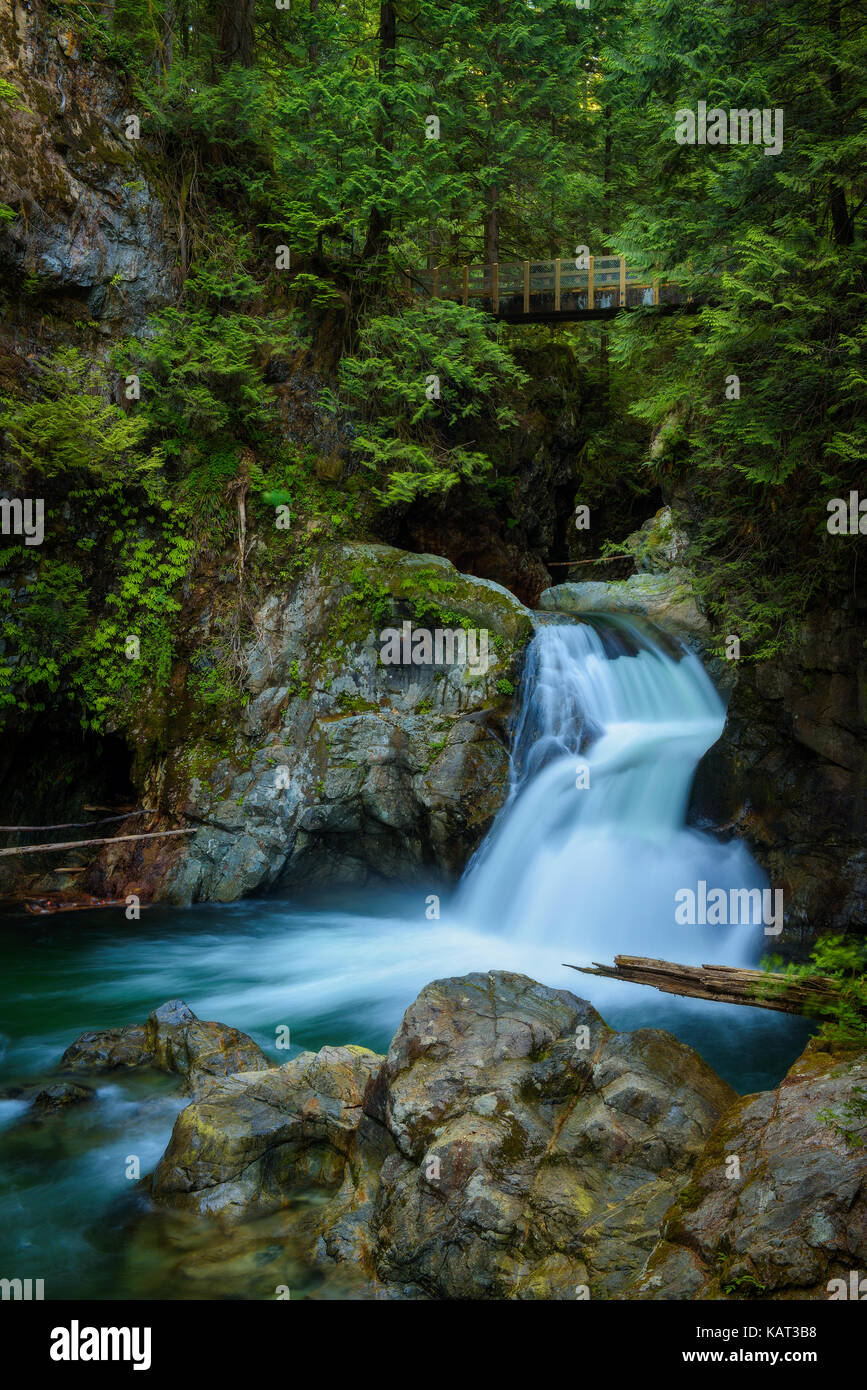 Twin Falls de Lynn canyon park avec passerelle, North Vancouver, Canada. longue exposition. Banque D'Images