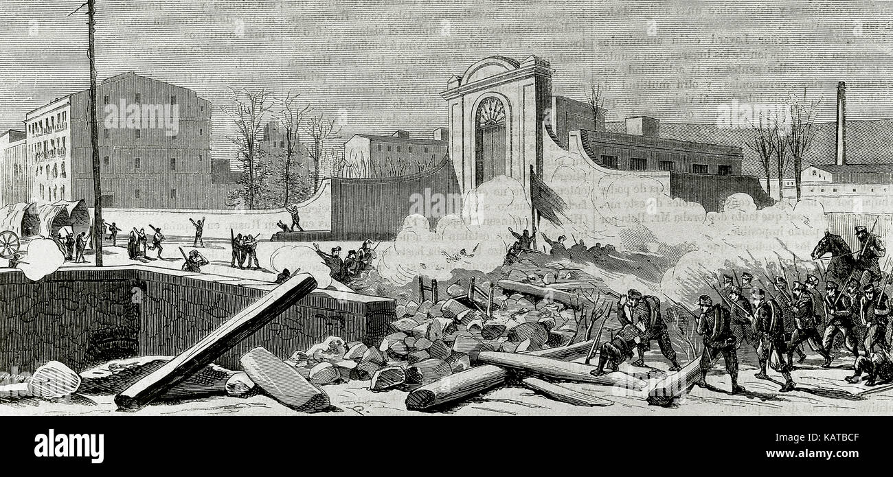 L'Espagne. La Catalogne. Barcelone. Soulèvement contre la conscription en 1870. La barricade construite au pied de l'Espana Industrial (Sants) est attaqué par les troupes. Gravure de Laporta. 'La Ilustracion Espanola y Americana', 1870. Banque D'Images