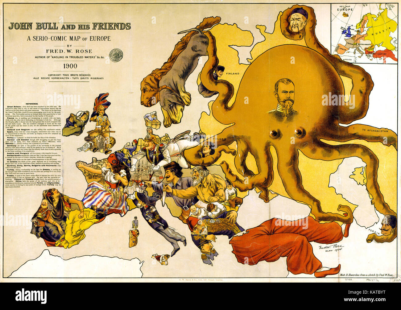 John BULL ET SES AMIS UNE carte satirique 1900 de l'Europe par le caricaturiste britannique et fonctionnaire Frederick W. Rose (1849-1915) Banque D'Images
