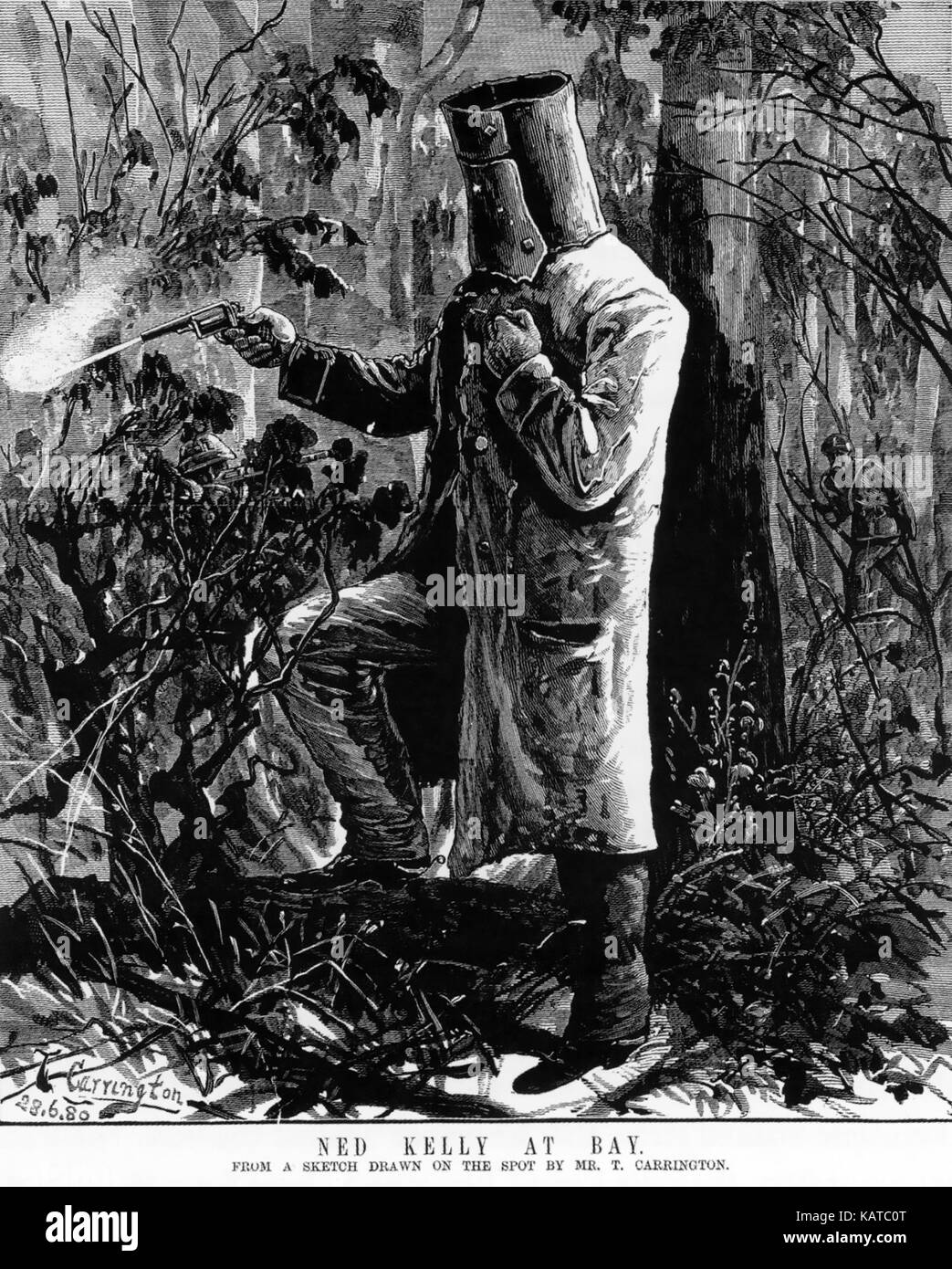 Ned KELLY (1854-1880) le bushranger australien fait son dernier stand à Glenrowan, Victoria. 'Ned Kelly at Bay' Woodcut par T. Carrington de l'Australian Sketcher, 3 juillet 1880. Notez son bras gauche blessé. Banque D'Images