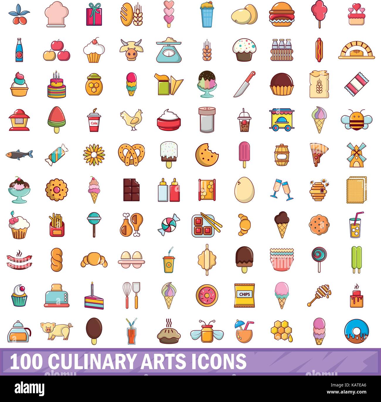 Arts culinaires 100 icons set, cartoon style Illustration de Vecteur