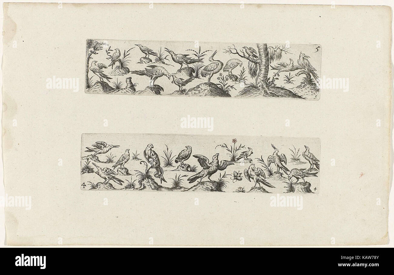 Ce titre néerlandais se traduit par « deux frises avec divers oiseaux ». L'œuvre d'art représente probablement deux panneaux avec des motifs d'oiseaux, mettant en valeur le monde naturel dans un format décoratif. Banque D'Images