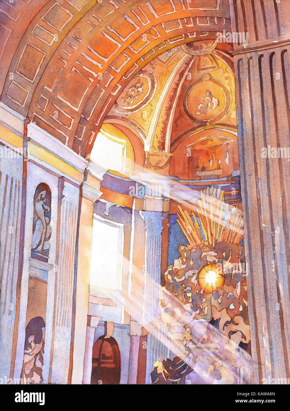 L'aquarelle des rayons de lumière à travers la vitre à l'intérieur de rayures de la Basilique St Pierre- Vatican, Rome (Italie) Banque D'Images