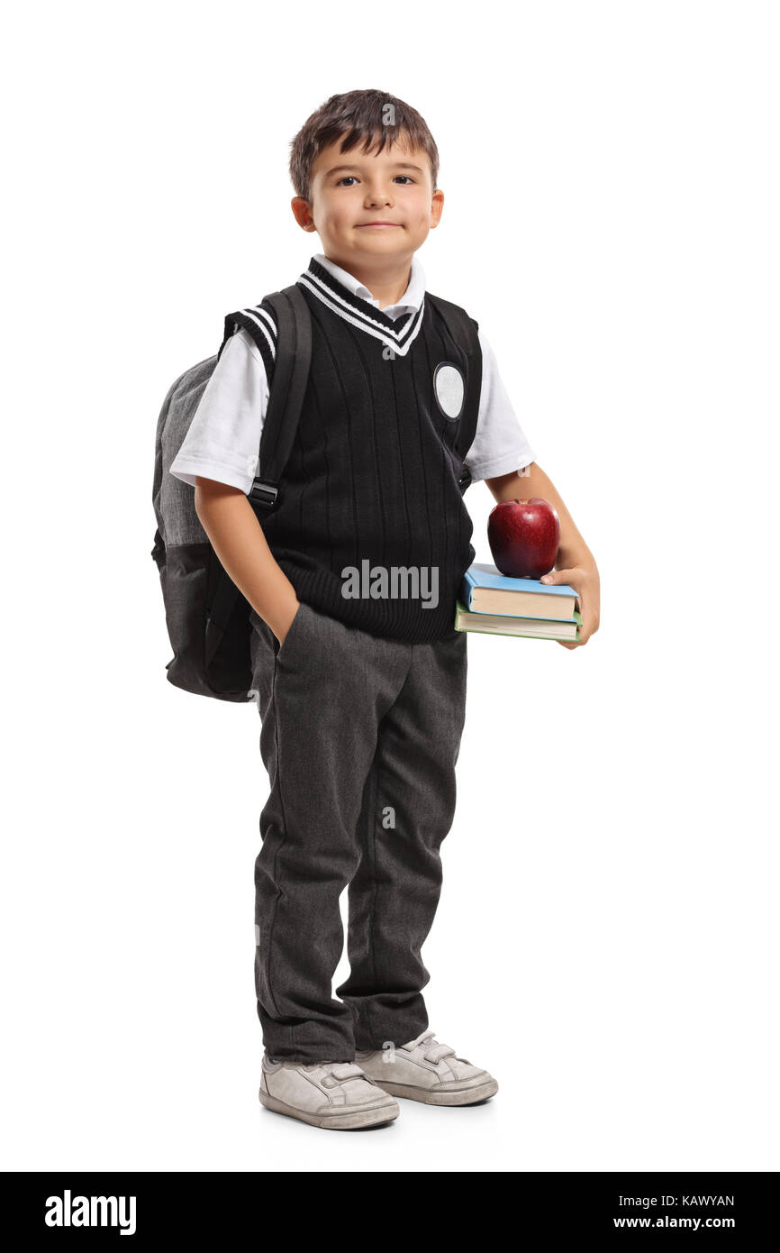 Portrait d'un petit écolier avec un sac à dos isolé sur fond blanc ...