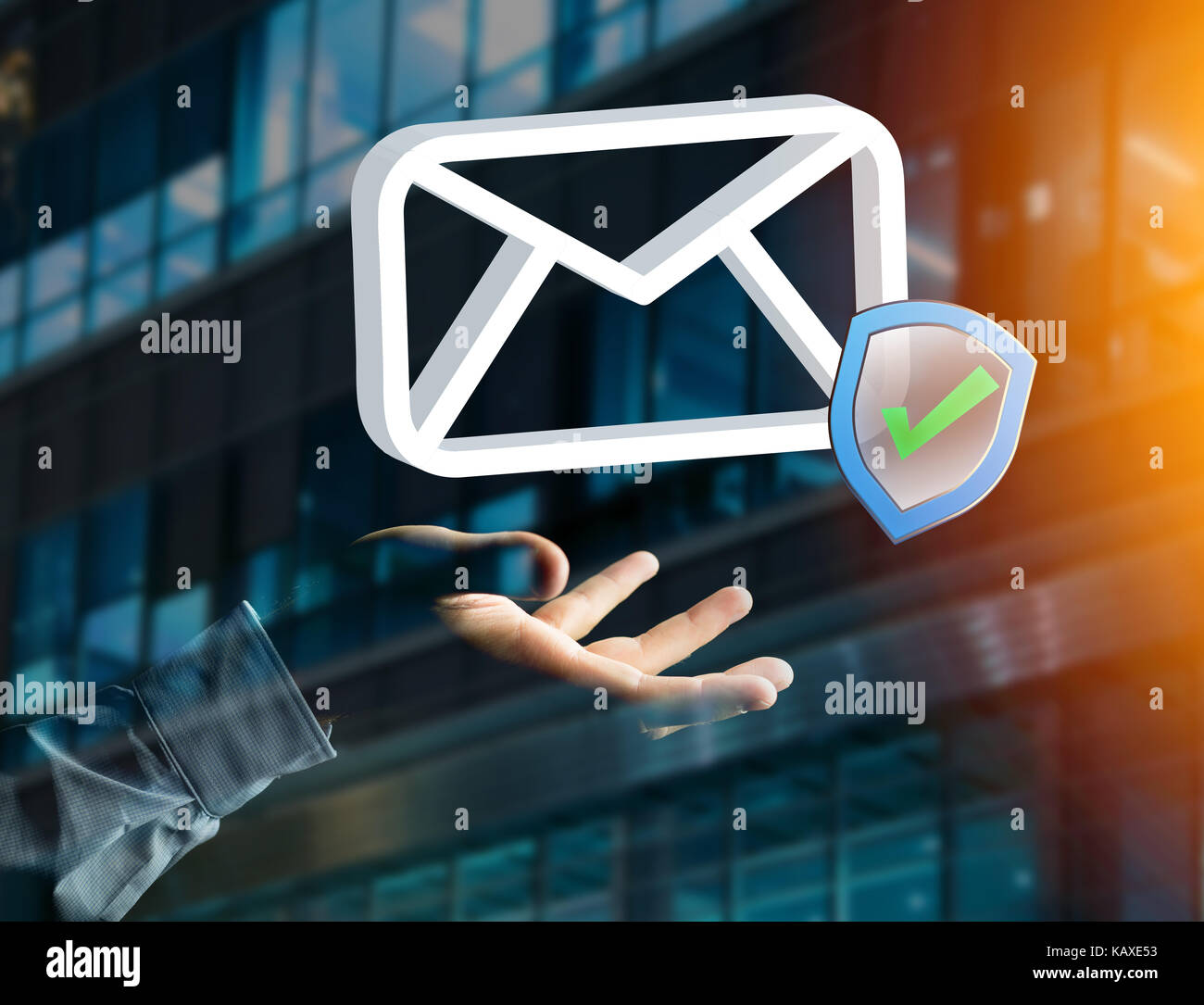 Vue d'un e-mail approuvé et vérifié symbole affiché sur une interface futuriste - message et concept internet Banque D'Images