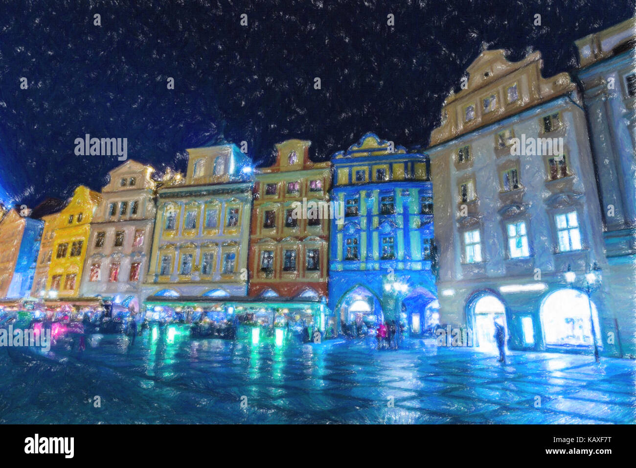 Dessin au crayon de la place de la vieille ville (Staromestske namesti) à Prague : bâtiments, maisons et marché Banque D'Images