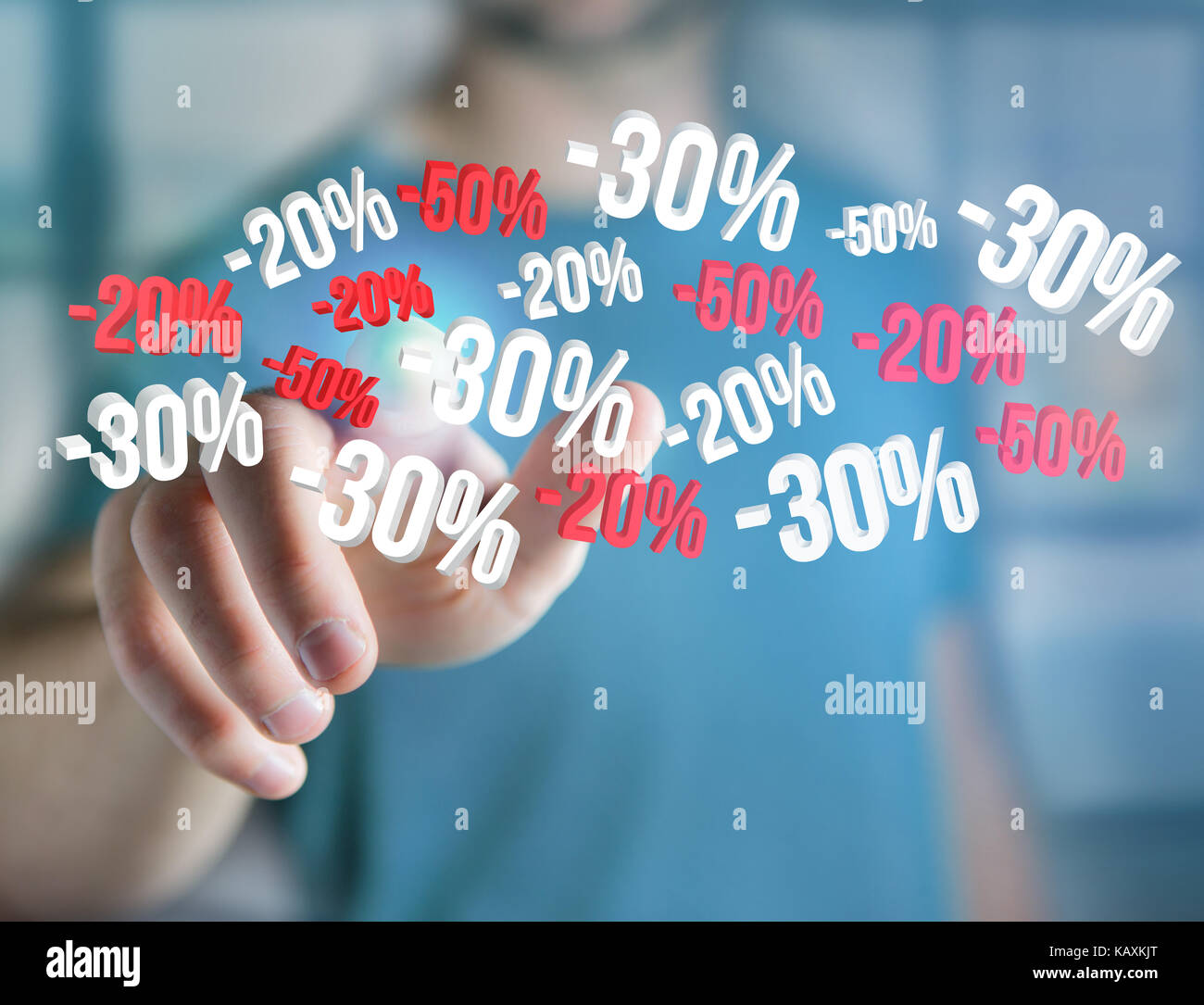 Vue d'une promotion de vente 20 % 30 % et 50 % en survolant une interface - shopping concept Banque D'Images