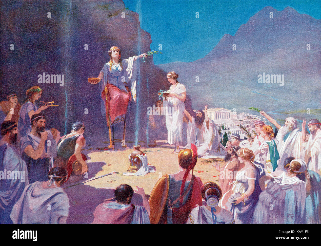 Consultation de l'Oracle de Delphes : la Pythie, grande prêtresse du Temple d'Apollo à Delphes, se tient sur son trépied sacré tenant un bol et une branche de laurier alors qu'une foule d'adorateurs grecs anciens et un guerrier attendent sa prophétie, un temple sur la colline en arrière-plan. Ses paroles, interprétées par des prêtres, étaient censées transmettre la volonté d'Apollo. D'après le tableau de William Spencer Bagdatopoulos (1888-1965). Tiré de Hutchinsons History of the Nations, publié en 1915. Banque D'Images