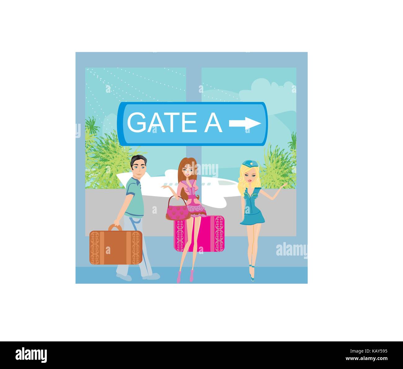 Les voyageurs à l'aéroport. Illustration de Vecteur