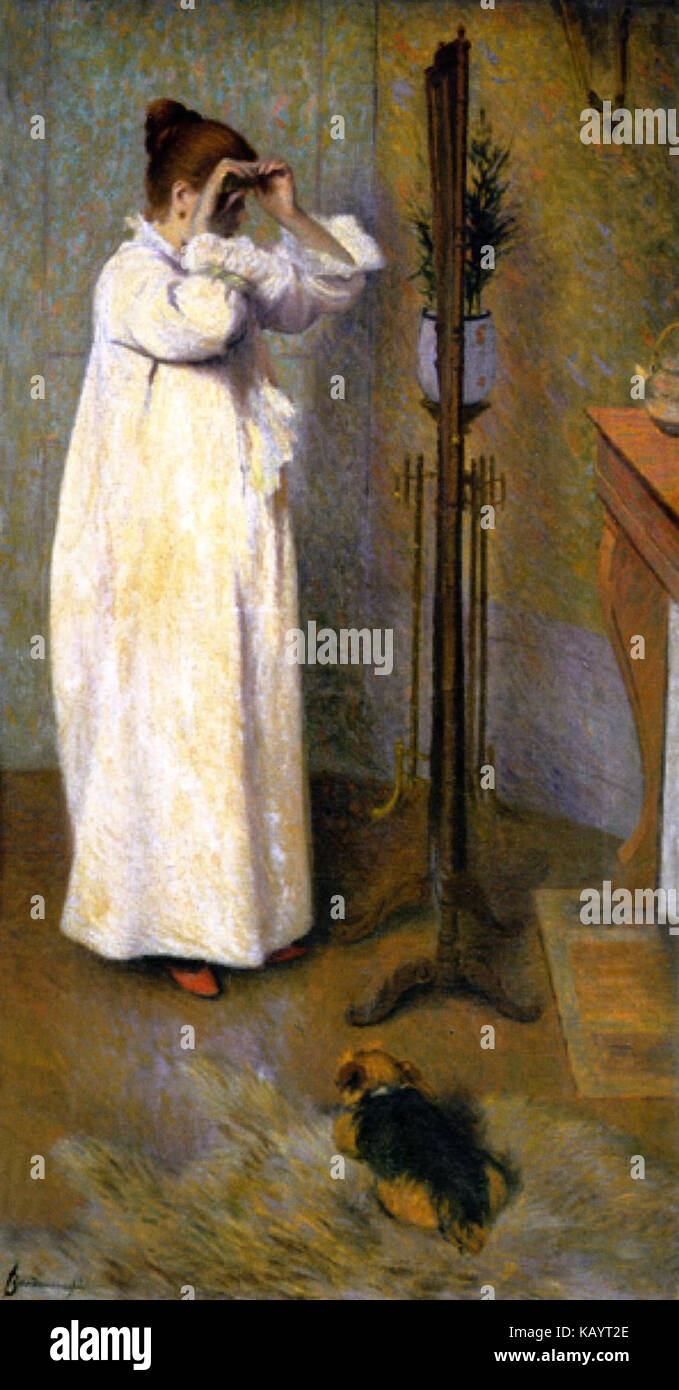 'The Curl' de Zandomeneghi est une peinture qui dépeint une femme dans une pose contemplative et détendue. L'œuvre illustre la maîtrise de l'artiste à représenter l'émotion et le mouvement humains dans un style naturaliste. Banque D'Images