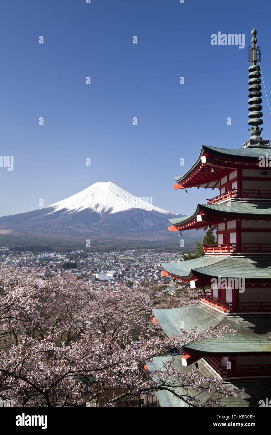 Le Japon, pagode dans le sanctuaire Sengen Arakura, fleurs de cerisier et le Mont Fuji, Banque D'Images