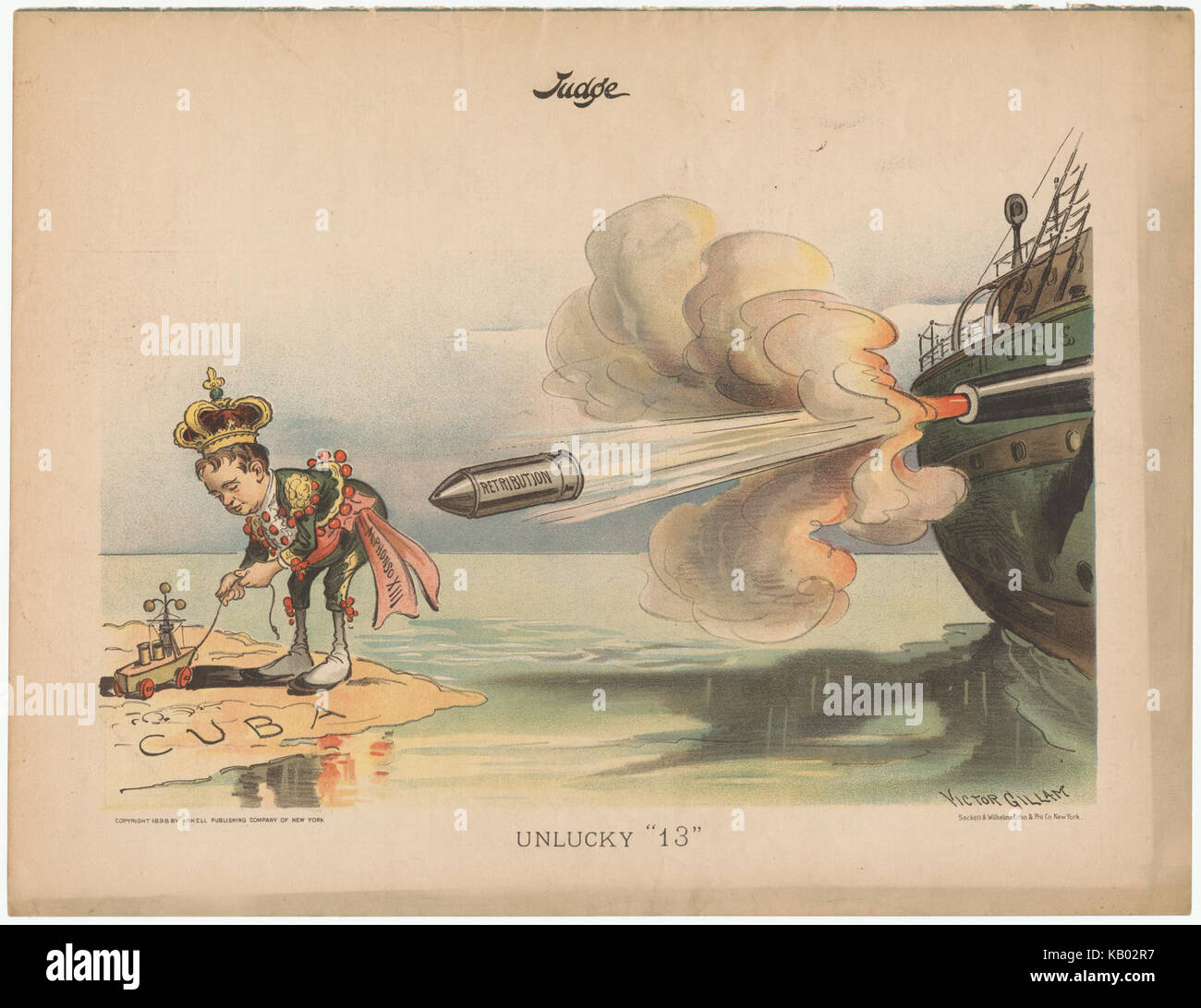 Caricature politique de Victor Gillam intitulée *UnLucky 13*, créée en 1898, reflétant le climat socio-politique de la fin du XIXe siècle. Banque D'Images