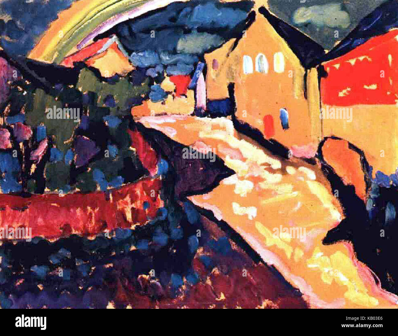 L’œuvre *Murnau with Rainbow* de Vassily Kandinsky en 1909 reflète l’exploration de la couleur et de l’abstraction par l’artiste. La pièce capture un paysage vif imprégné de signification symbolique, marquant un développement significatif dans le style de Kandinsky. Banque D'Images