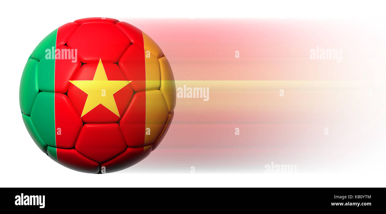 Ballon de soccer avec le Cameroun d'un drapeau en mouvement isolé Banque D'Images