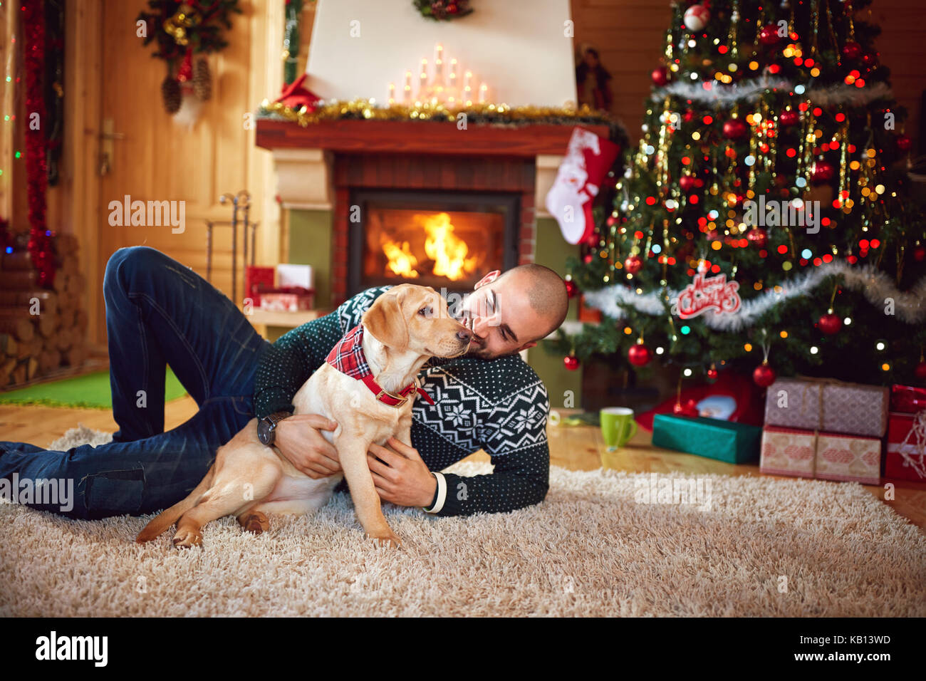 Homme avec chien nice s'amusant sur les vacances de Noël Banque D'Images