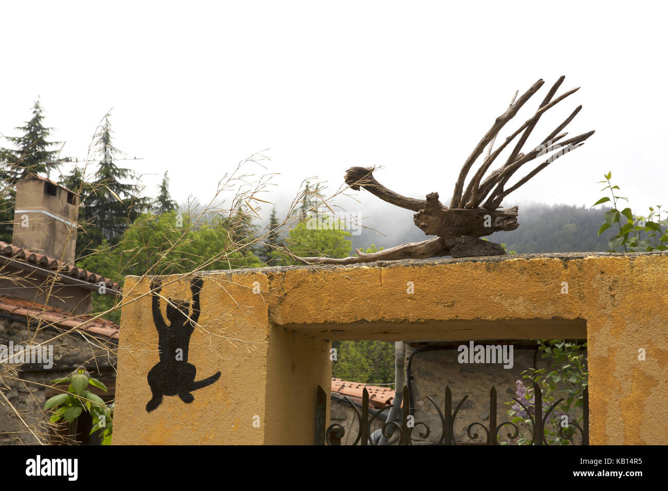 Chat noir peint sur le mur de Fillols, avec arbre en bois trouvé créature, France Banque D'Images