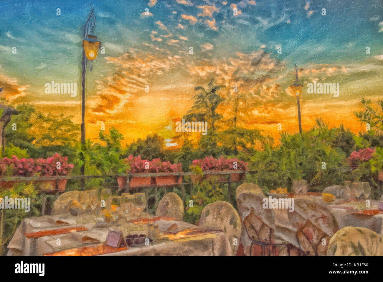 Tables de dîner dans l'élégant restaurant italien de style outdoor sur caillebotis fer parapet sur les collines de Dozza (Bo) en Italie dans une journée ensoleillée d'été : du vrai rouge, Banque D'Images Tables de dîner dans l'élégant restaurant italien de style outdoor sur caillebotis fer parapet sur les collines de Dozza (Bo) en Italie dans une journée ensoleillée d'été : du vrai rouge, Banque D'Images