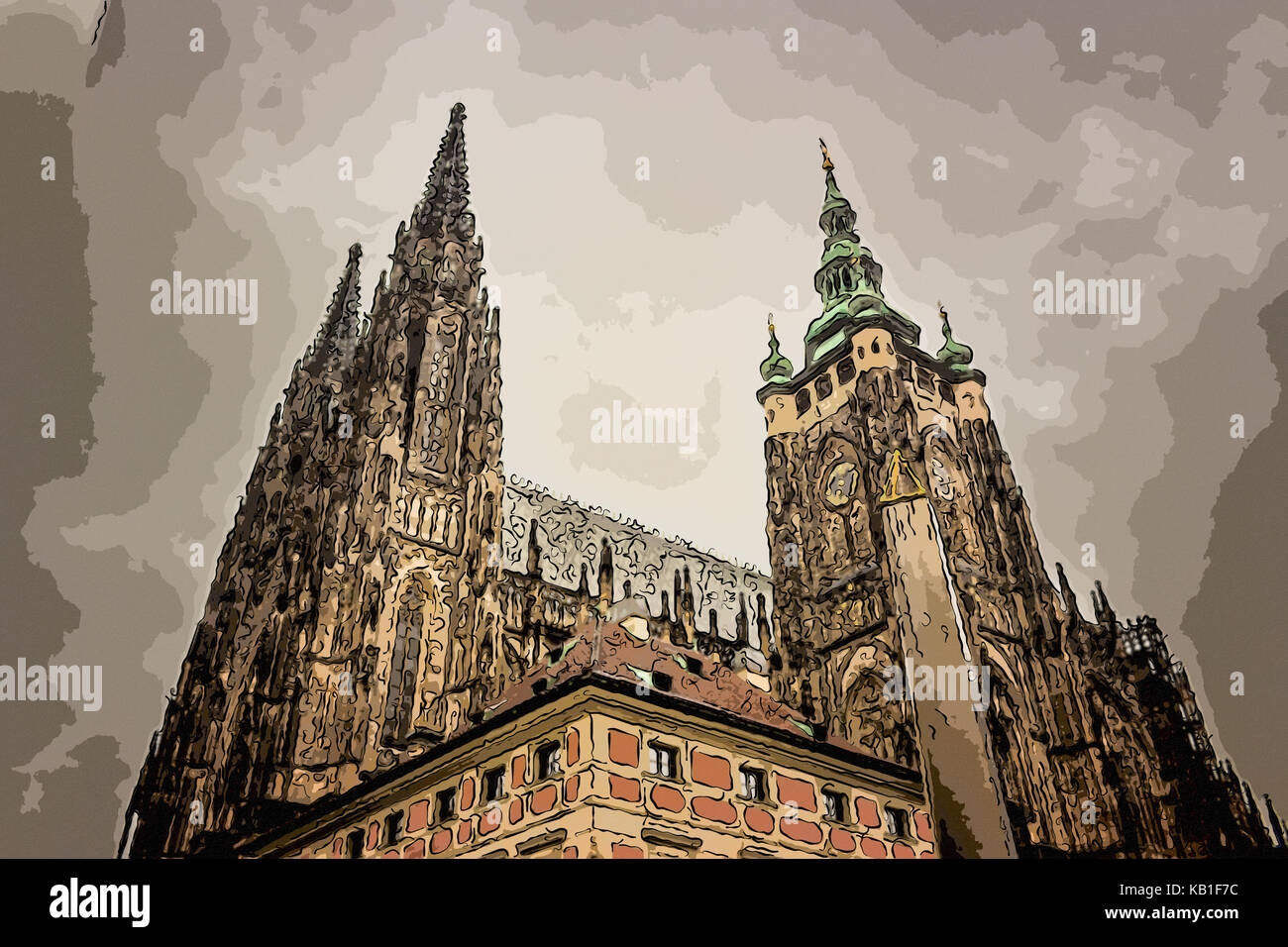 La façade extérieure de la cathédrale St Vitus à Prague, avec une église gothique dark towers gardée par gargoyle : le principal symbole religieux de la Cze Banque D'Images