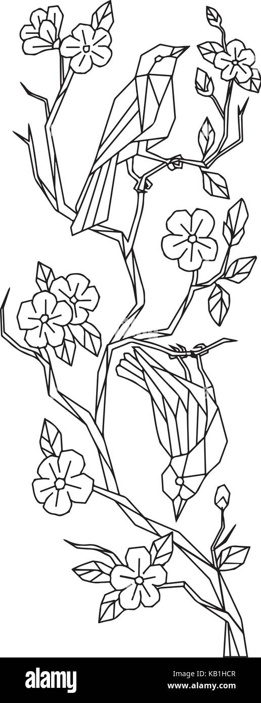 Illustration de style polygone faible japanese white-eye oiseaux sur branche de fleurs de cerisier sakura arbre sur fond isolé en noir et blanc. Illustration de Vecteur