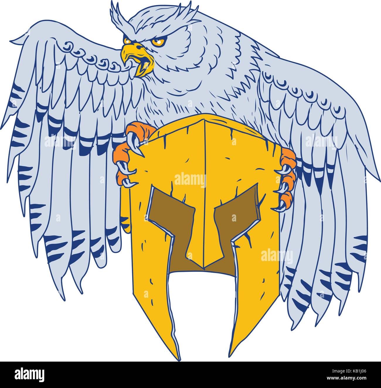 Croquis dessin illustration style de un Américain-duc d'Amérique ou d'ancien monde-eagle owl du genre bubo serrant percher sur un casque spartiate sur isoler Illustration de Vecteur