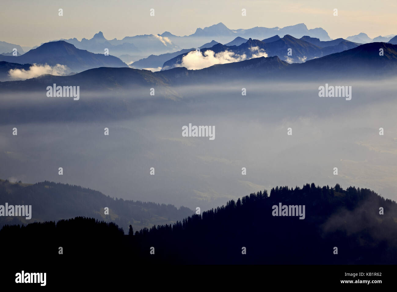 Allemagne, Bavière, Allgäu, Allgäu supérieur, alpes Allgäu, cimier, Nagelfluhkette (chaîne de montagnes), Zimba (2643m), Schesaplana (2964m), haute église (1807m), alpes suisses, Suisse, Banque D'Images