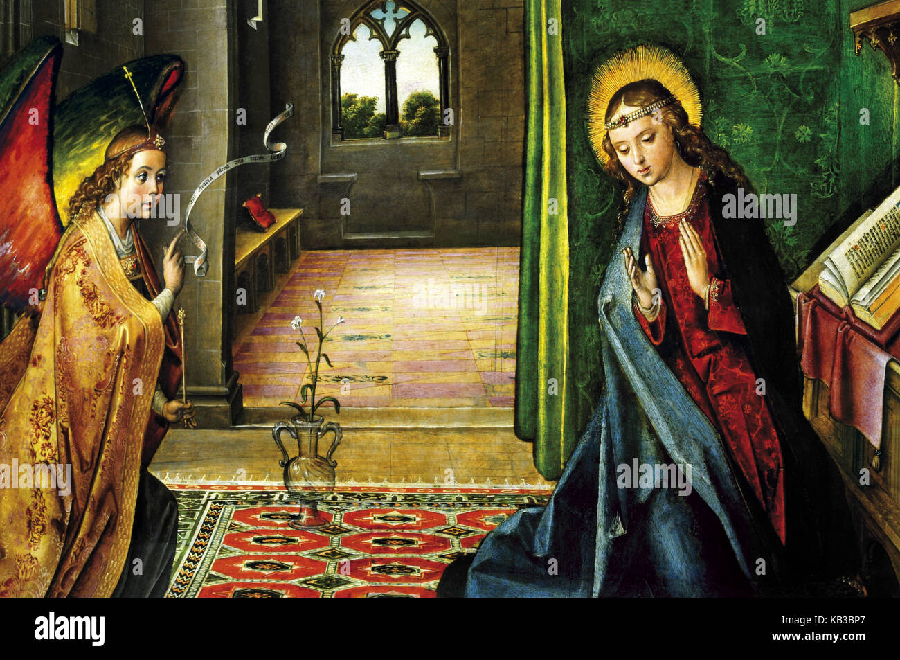 Espagne, chemin de Saint-Jacques, peinture à l'huile de Pedro Burreguete 'Marienverkündigung' dans le musée du monastère de Carthusien Cartuja de Miraflores à Burgos, Banque D'Images