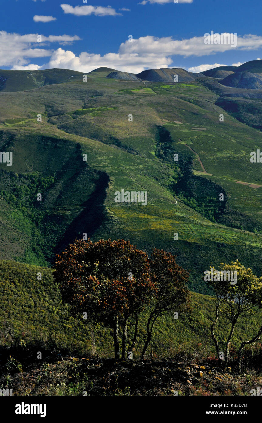 Espagne, chemin de Saint-Jacques, panorama de montagne des Montes de Leon sur les Camino Frances entre El Acebo et Foncebadon, Banque D'Images