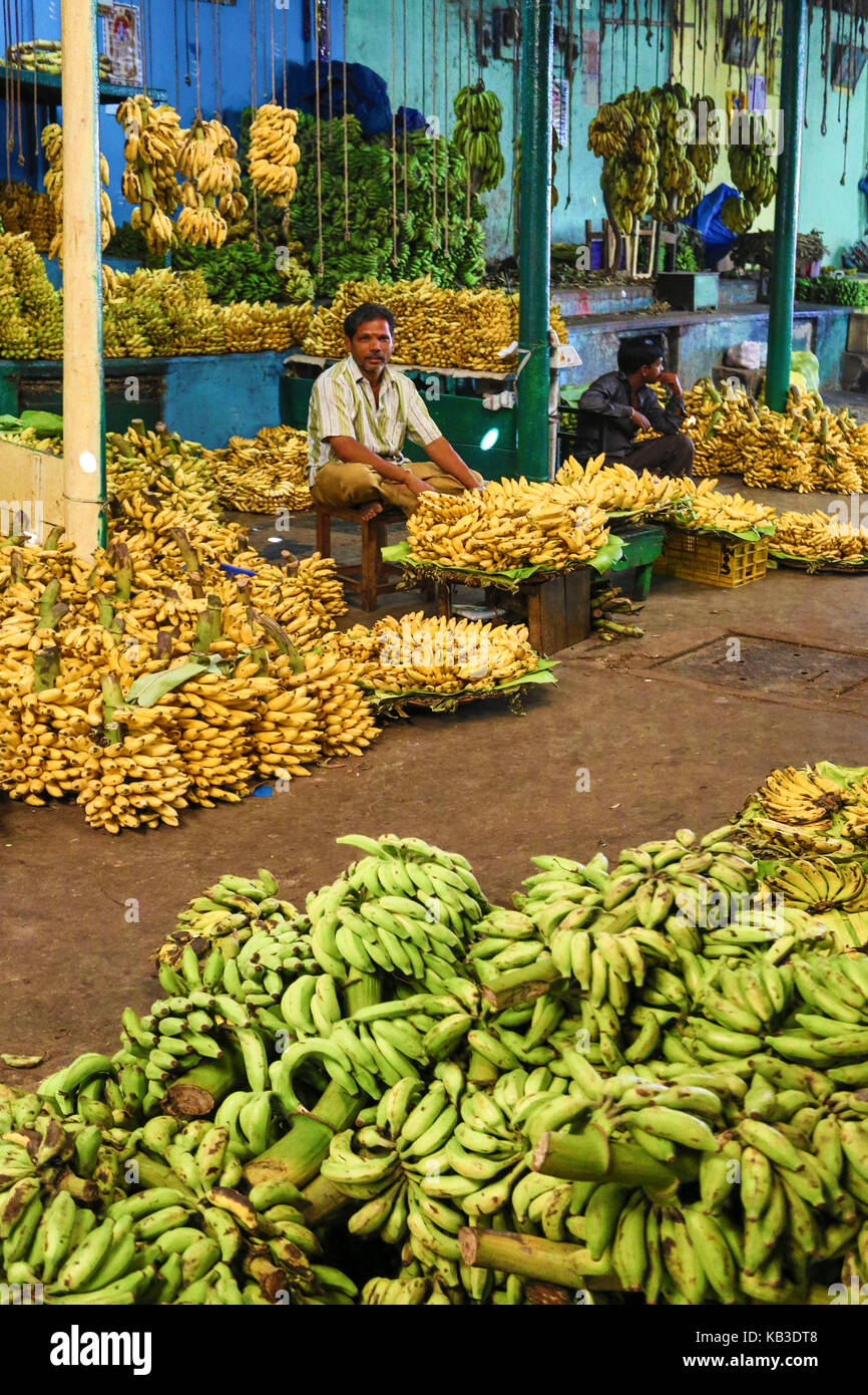 L'Inde, Karnataka, Mysore, devarala sur le marché, la vente de bananes Banque D'Images