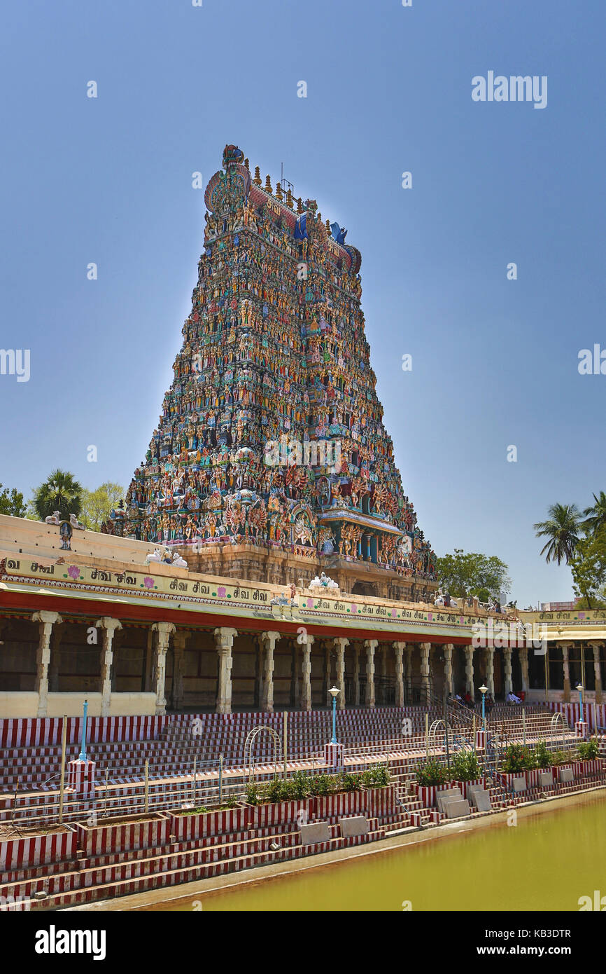 L'Inde, le Tamil Nadu, Madurai, temple de Minakshi, gopuram, lotusteich Banque D'Images
