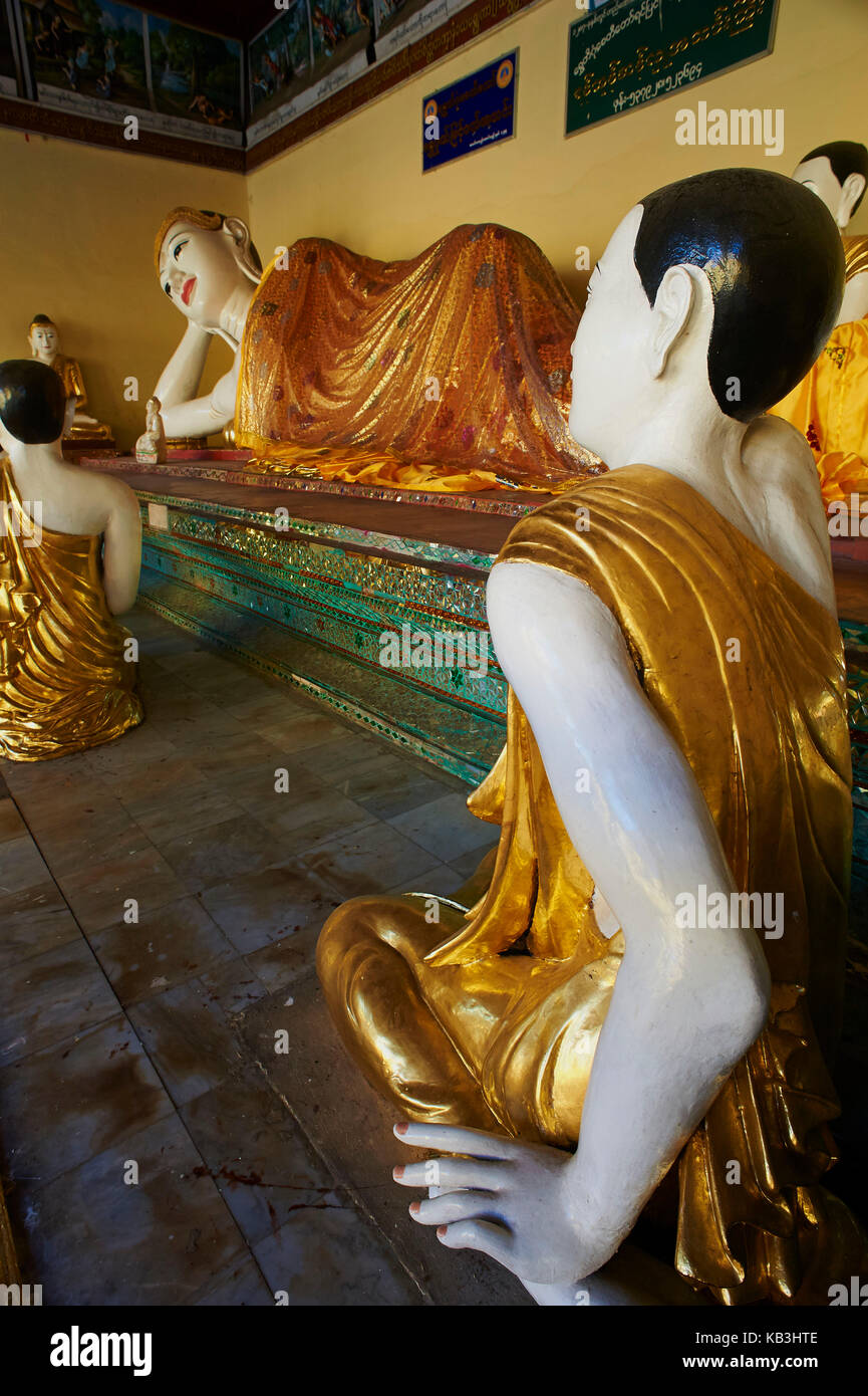Bouddha dormant, moines, paya shwedagon pagoda, le Myanmar, l'Asie, Banque D'Images