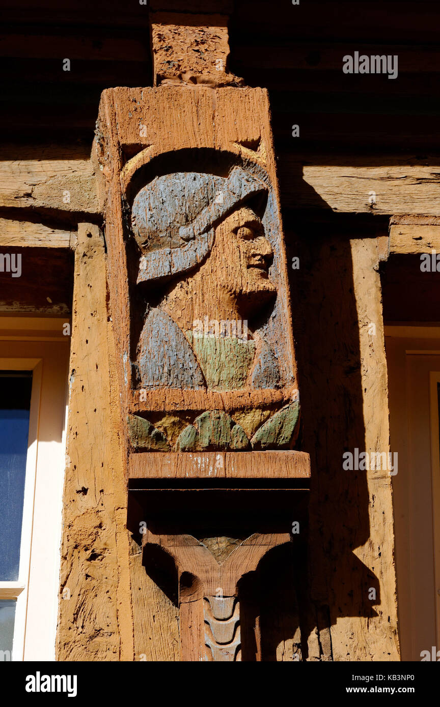 France, Ile et Vilaine, rennes, thabor jardin, quartier de la cathédrale, rue du chapitre, détail d'une maison à colombages Banque D'Images