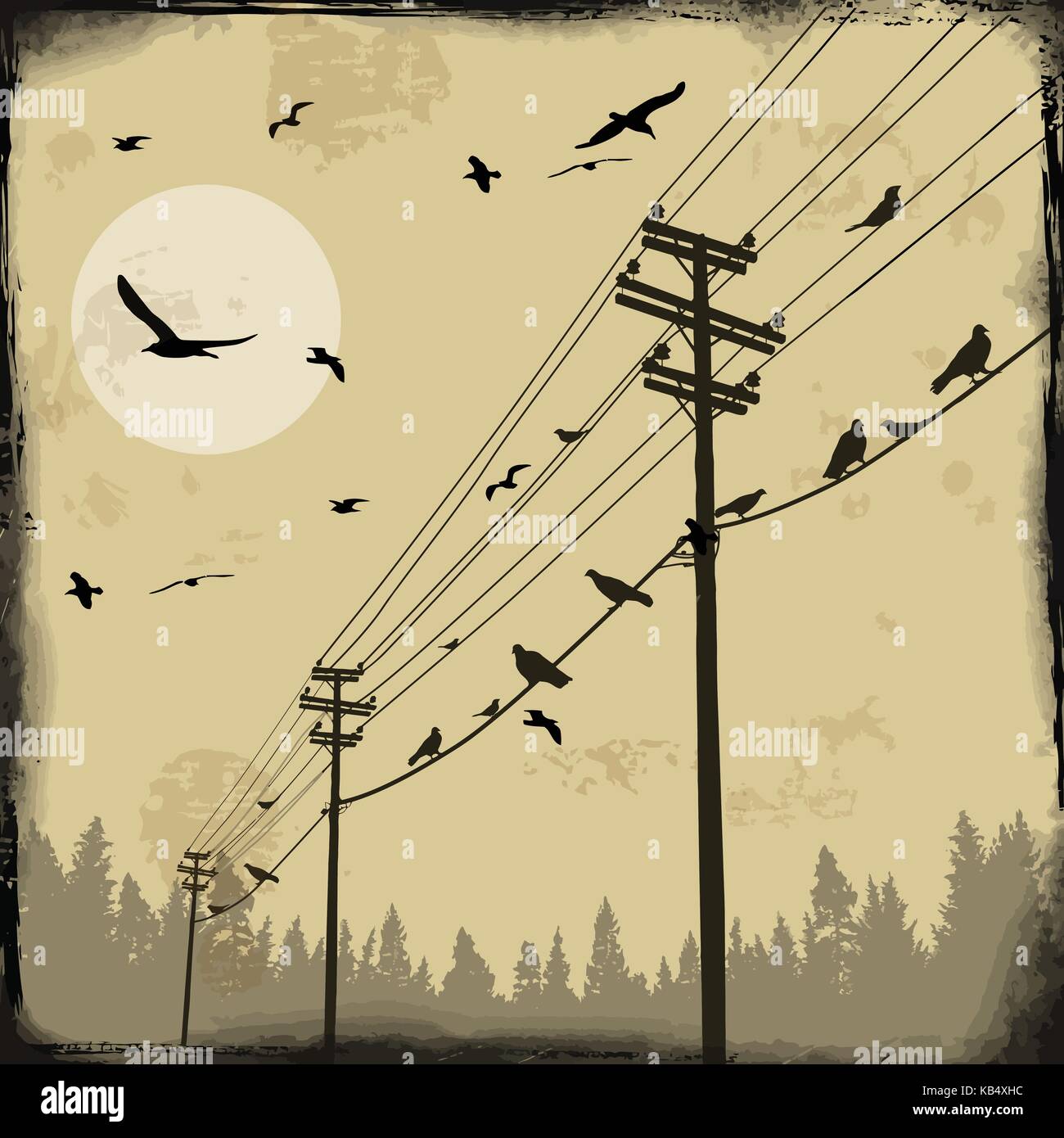 Des poteaux électriques avec des oiseaux sur le fil on retro grunge background, vector illustration Illustration de Vecteur