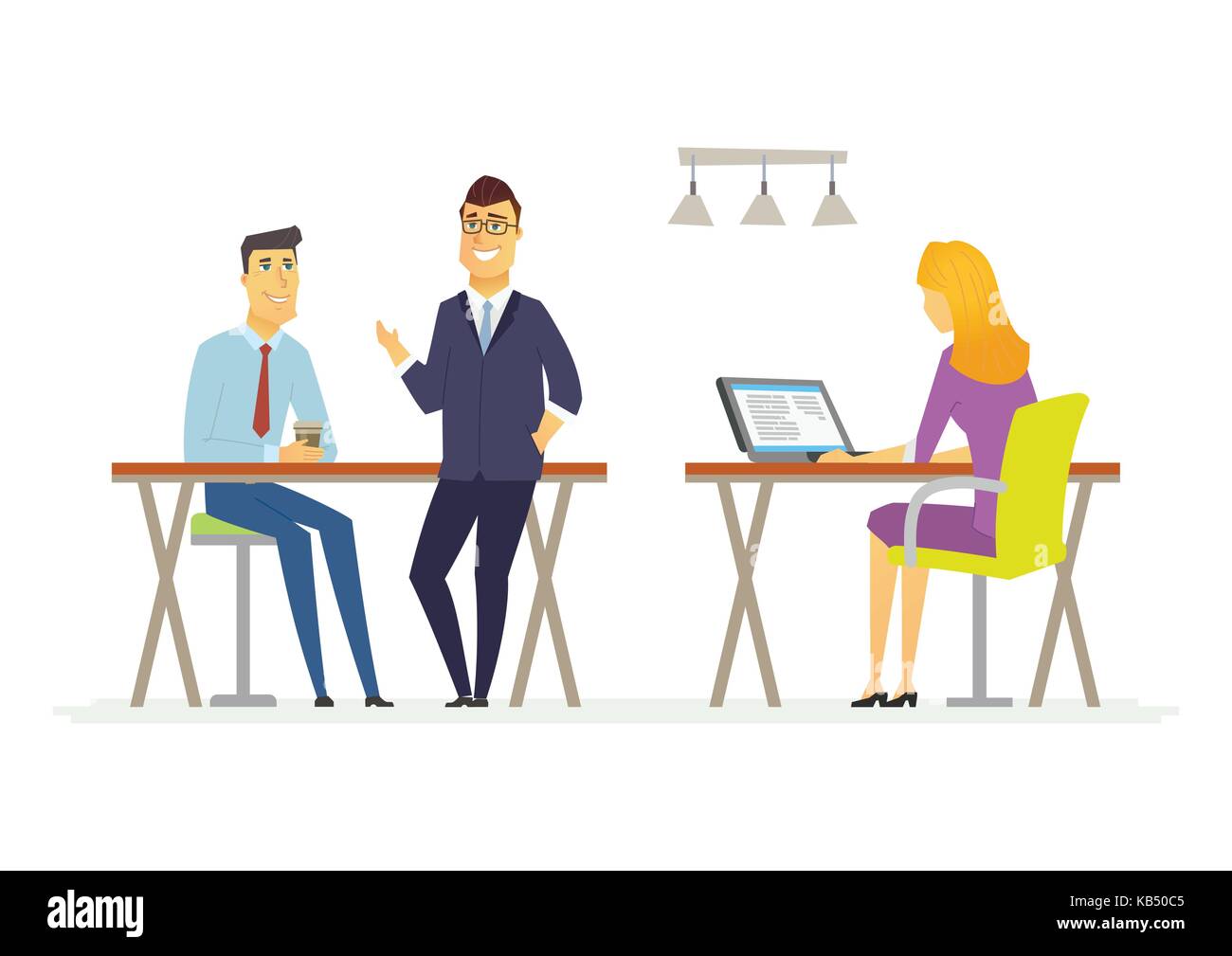 Pause café dans l'office - caricature moderne caractères personnes illustration. Un coin femme vérifie ses messages à l'ordinateur, deux hommes souriant parler, dr Illustration de Vecteur