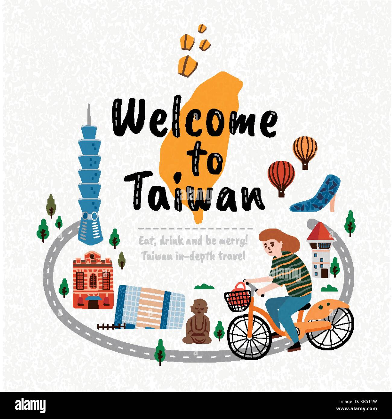 Bienvenue à Taiwan, travel concept illustration avec des sites célèbres et une fille à bicyclette voyageant vers Taiwan Illustration de Vecteur