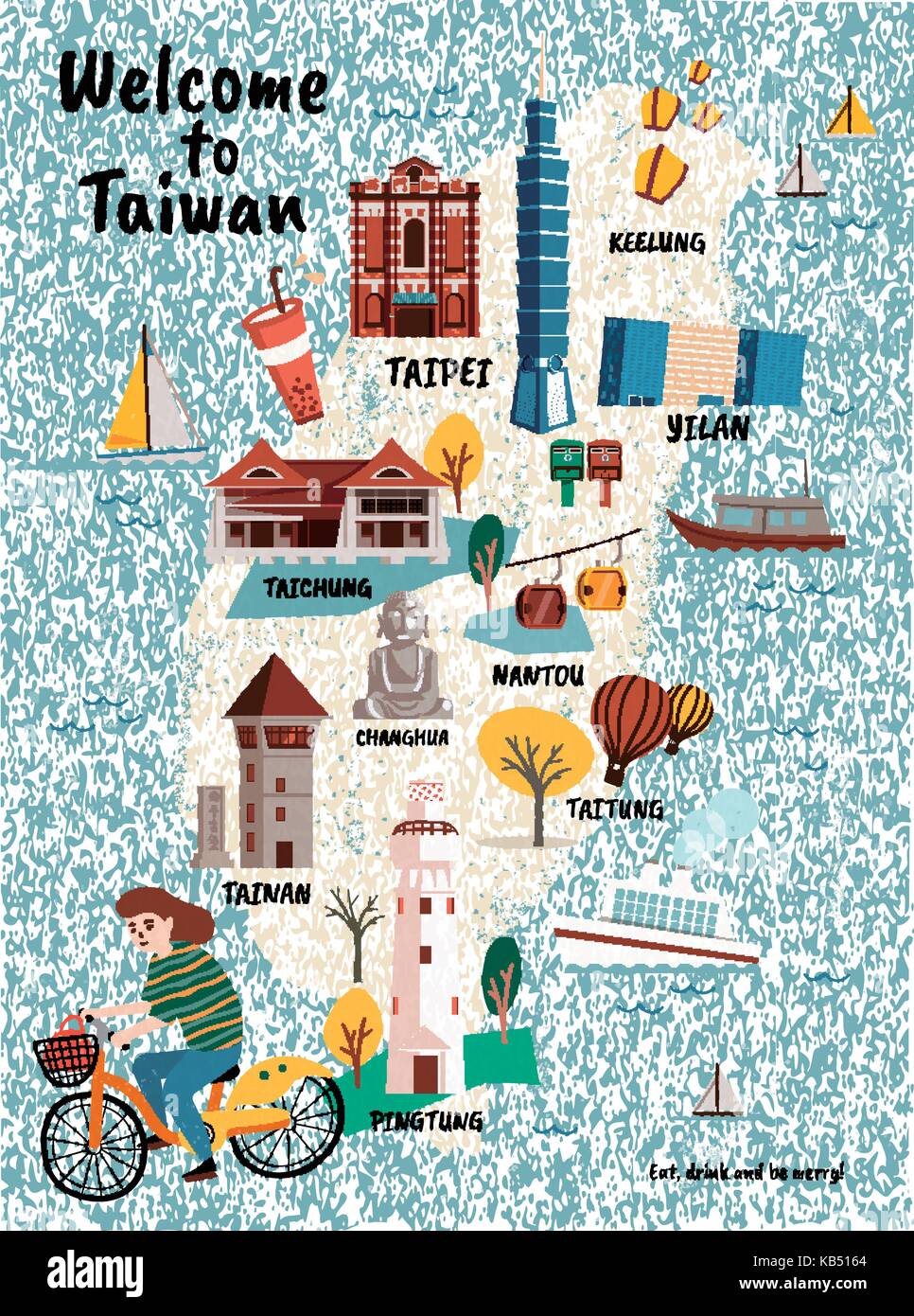 La carte de voyage de Taiwan, style dessiné à la main et spécialités attractions avec girl riding a bike Illustration de Vecteur