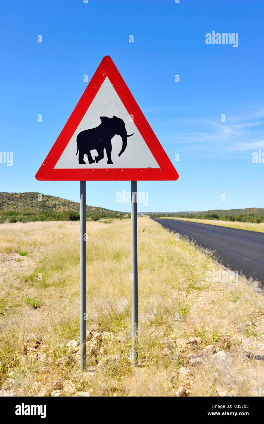 La Namibie, erongo, damaraland, la route de Brandberg, signalisation routière méfiez-vous des éléphants Banque D'Images