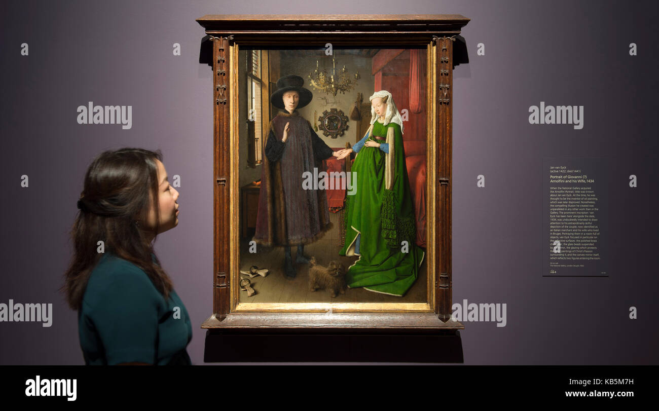 National Gallery, Londres, Royaume-Uni. 28 sept, 2017. acquis par le musée des beaux-arts en 1842, l'a informé le portrait arnolfini preraphaelisme doutent de l'observation empirique, leurs idées à propos de crayon, de la couleur et de la technique, et les moyens par lesquels des objets dans une photo pouvait transporter une signification symbolique. L'exposition réunira pour la première fois le 'portrait' arnolfini de peintures provenant de la collection de la Tate et des prêts d'autres musées. crédit : Malcolm park editorial/Alamy live news Banque D'Images