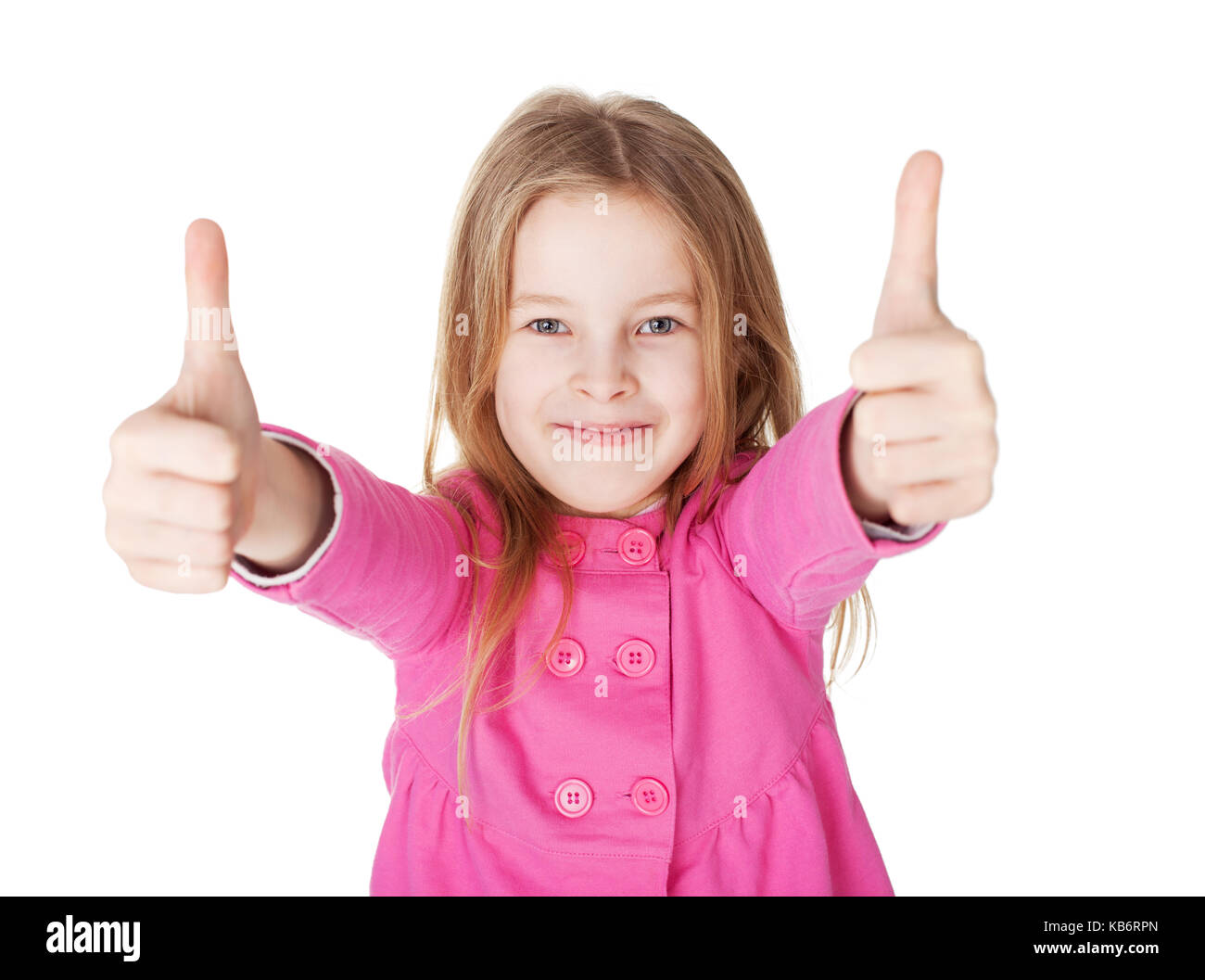 Cute little girl in red shirt showing Thumbs up isolé sur fond blanc Banque D'Images